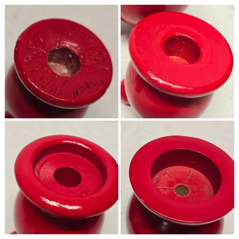 Vintage Scandinavian Swedish Wooden Red Topper Candlestick Candle Holder Set